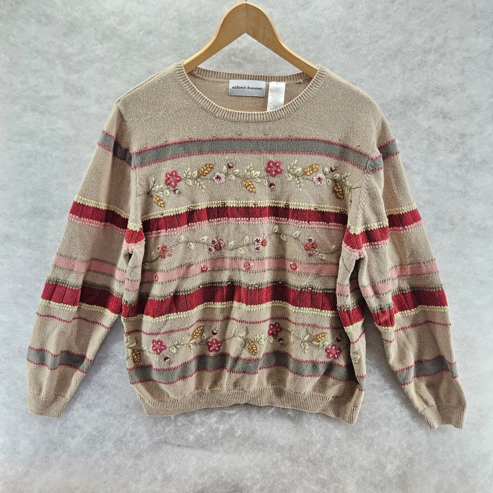 Alfred Dunner Womens Sweater‎ Tan Floral Embroidered Striped Knit Crew Neck XL